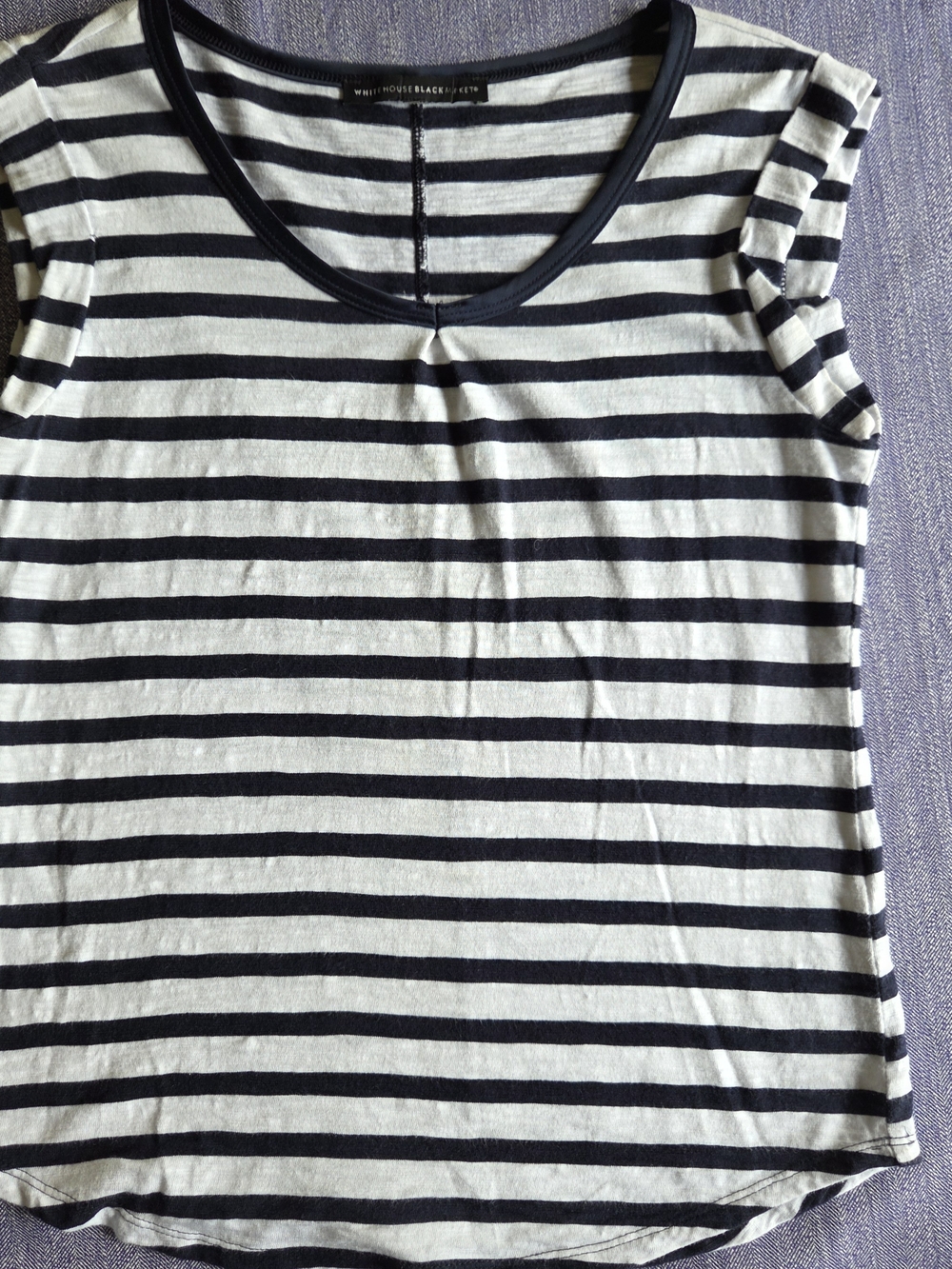 White House Black Market Navy & White Striped Cap Sleeve Top